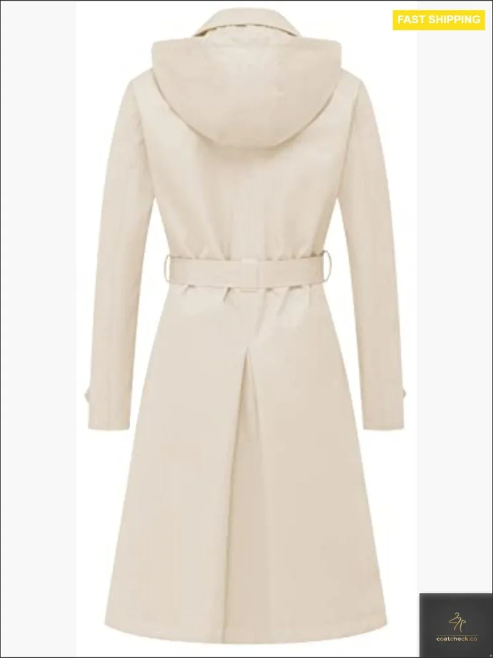 Double Breasted Long Trench Coat Mid-Length Belted Overcoat with Detachable Hood - Picture 2 of 7